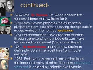 continued-
 1956/1968- Dr. Thomas /Dr. Good perform first
successful bone marrow transplants.
 1970-Leroy Stevens proposes the existence of
pluripotent stem cells after observing strange cells in
mouse embryos that formed teratomas.
 1973-First recombinant DNA organism created
through gene splicing-now bacteria can make
human insulin and more! (Cohen and Boyer)
 1981- Sir Martin Evans and Matthew Kaufman
derive pluripotent stem cell lines from mouse
embryos.
 1981: Embryonic stem cells are culled from
the inner cell mass of mice. The term embryonic
stem cell is coined by scientist Gail Martin.
 