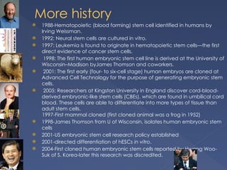 More history
 1988-Hematopoietic (blood forming) stem cell identified in humans by
Irving Weissman.
 1992: Neural stem cells are cultured in vitro.
 1997: Leukemia is found to originate in hematopoietic stem cells—the first
direct evidence of cancer stem cells.
 1998: The first human embryonic stem cell line is derived at the University of
Wisconsin–Madison byJames Thomson and coworkers.
 2001: The first early (four- to six-cell stage) human embryos are cloned at
Advanced Cell Technology for the purpose of generating embryonic stem
cells.
 2005: Researchers at Kingston University in England discover cord-blood-
derived embryonic-like stem cells (CBEs), which are found in umbilical cord
blood. These cells are able to differentiate into more types of tissue than
adult stem cells.
1997-First mammal cloned (first cloned animal was a frog in 1952)
 1998-James Thomson from U of Wisconsin, isolates human embryonic stem
cells
 2001-US embryonic stem cell research policy established
 2001-directed differentiation of hESCs in vitro.
 2004-First cloned human embryonic stem cells reported by Hwang Woo-
Suk of S. Korea-later this research was discredited.
 