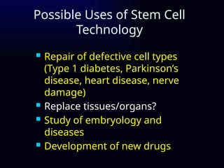 Possible Uses of Stem Cell
Technology
 Repair of defective cell types
(Type 1 diabetes, Parkinson’s
disease, heart disease, nerve
damage)
 Replace tissues/organs?
 Study of embryology and
diseases
 Development of new drugs
 