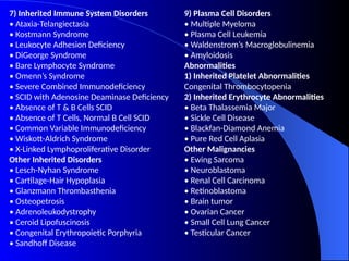 7) Inherited Immune System Disorders
• Ataxia-Telangiectasia
• Kostmann Syndrome
• Leukocyte Adhesion Deficiency
• DiGeorge Syndrome
• Bare Lymphocyte Syndrome
• Omenn’s Syndrome
• Severe Combined Immunodeficiency
• SCID with Adenosine Deaminase Deficiency
• Absence of T & B Cells SCID
• Absence of T Cells, Normal B Cell SCID
• Common Variable Immunodeficiency
• Wiskott-Aldrich Syndrome
• X-Linked Lymphoproliferative Disorder
Other Inherited Disorders
• Lesch-Nyhan Syndrome
• Cartilage-Hair Hypoplasia
• Glanzmann Thrombasthenia
• Osteopetrosis
• Adrenoleukodystrophy
• Ceroid Lipofuscinosis
• Congenital Erythropoietic Porphyria
• Sandhoff Disease
9) Plasma Cell Disorders
• Multiple Myeloma
• Plasma Cell Leukemia
• Waldenstrom’s Macroglobulinemia
• Amyloidosis
Abnormalities
1) Inherited Platelet Abnormalities
Congenital Thrombocytopenia
2) Inherited Erythrocyte Abnormalities
• Beta Thalassemia Major
• Sickle Cell Disease
• Blackfan-Diamond Anemia
• Pure Red Cell Aplasia
Other Malignancies
• Ewing Sarcoma
• Neuroblastoma
• Renal Cell Carcinoma
• Retinoblastoma
• Brain tumor
• Ovarian Cancer
• Small Cell Lung Cancer
• Testicular Cancer
 