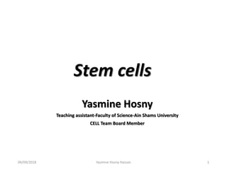 Stem cells
04/09/2018 1
Yasmine Hosny
Teaching assistant-Faculty of Science-Ain Shams University
CELL Team Board Member
Yasmine Hosny Hassan
 