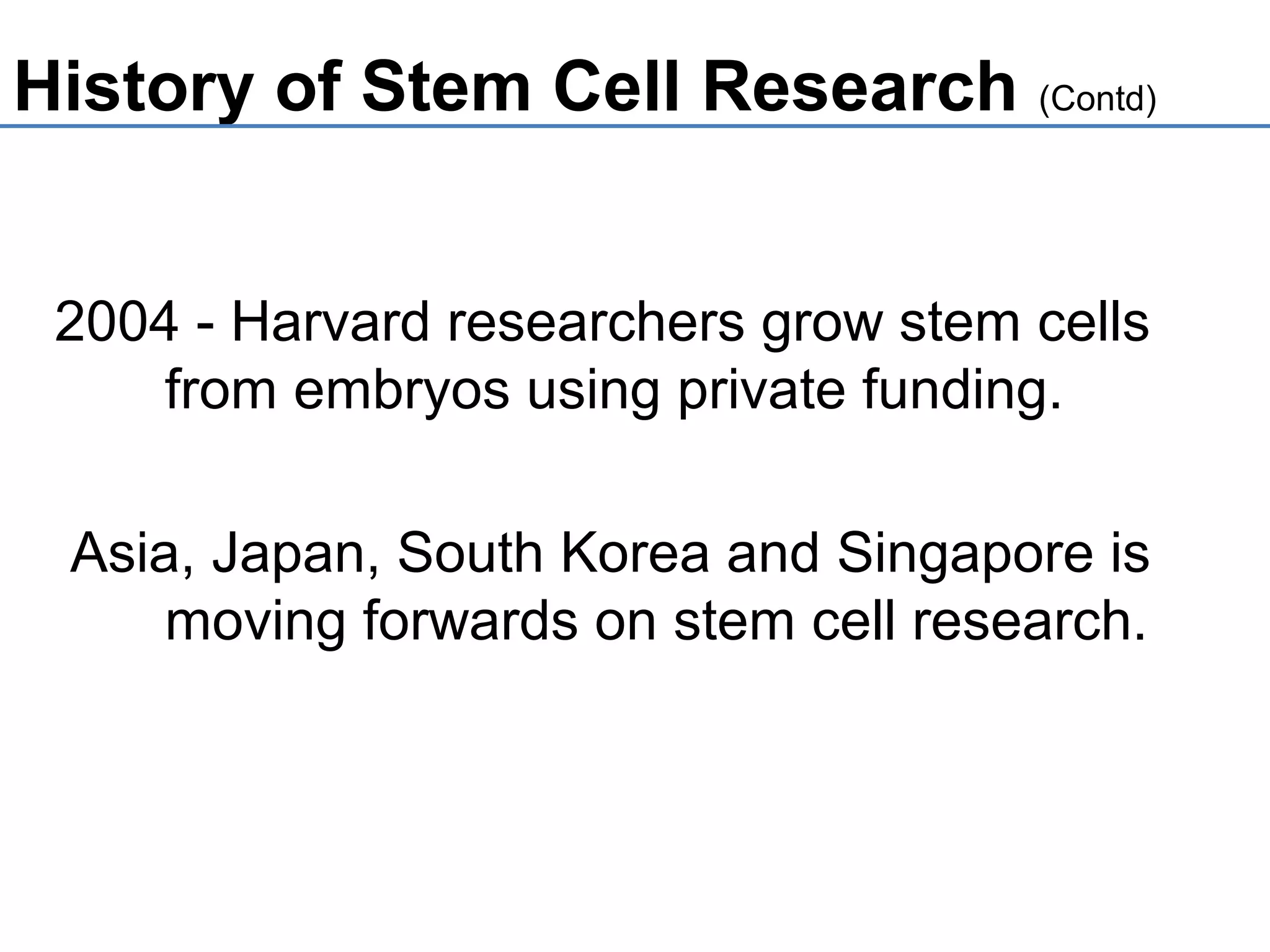 History of Stem Cell Research (Contd)
2004 - Harvard researchers grow stem cells
from embryos using private funding.
Asia, Japan, South Korea and Singapore is
moving forwards on stem cell research.
 