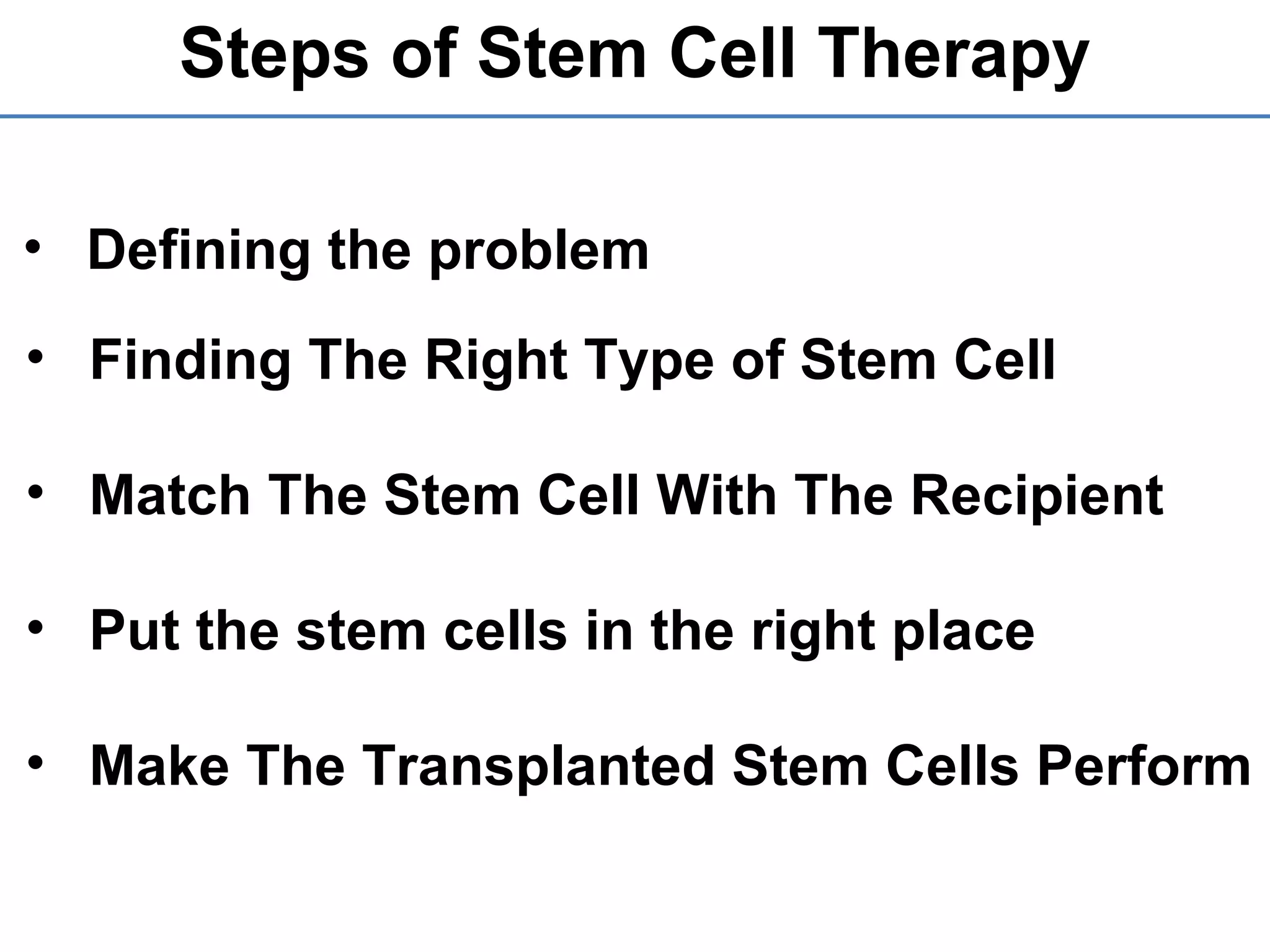 Steps of Stem Cell Therapy
• Defining the problem
• Finding The Right Type of Stem Cell
• Match The Stem Cell With The Recipient
• Put the stem cells in the right place
• Make The Transplanted Stem Cells Perform
 