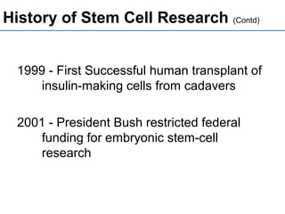 History of Stem Cell Research (Contd)
1999 - First Successful human transplant of
insulin-making cells from cadavers
2001 - President Bush restricted federal
funding for embryonic stem-cell
research
 