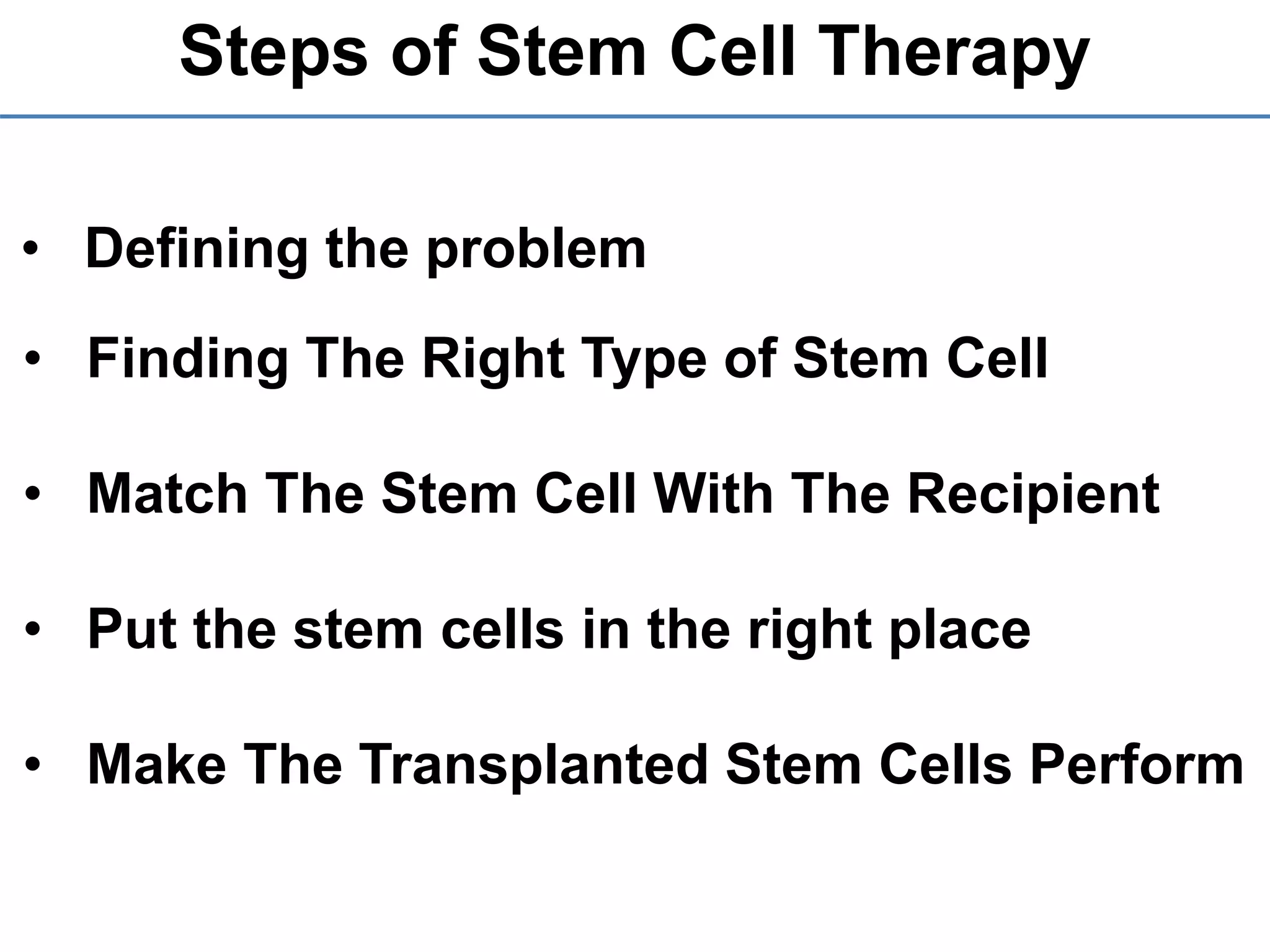 Steps of Stem Cell Therapy
• Defining the problem
• Finding The Right Type of Stem Cell
• Match The Stem Cell With The Recipient
• Put the stem cells in the right place
• Make The Transplanted Stem Cells Perform
 