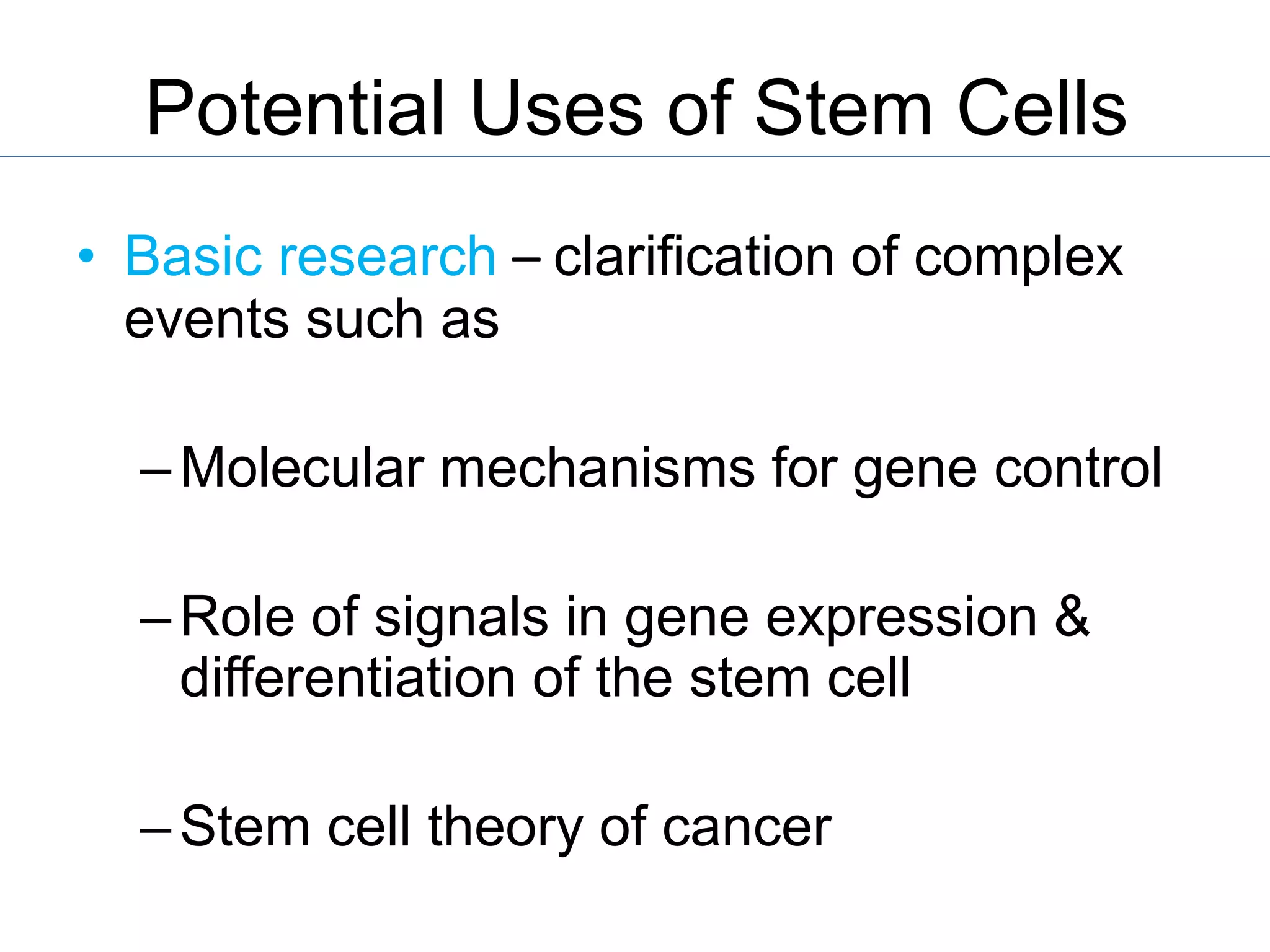 Potential Uses of Stem Cells
• Basic research – clarification of complex
events such as
–Molecular mechanisms for gene control
–Role of signals in gene expression &
differentiation of the stem cell
–Stem cell theory of cancer
 