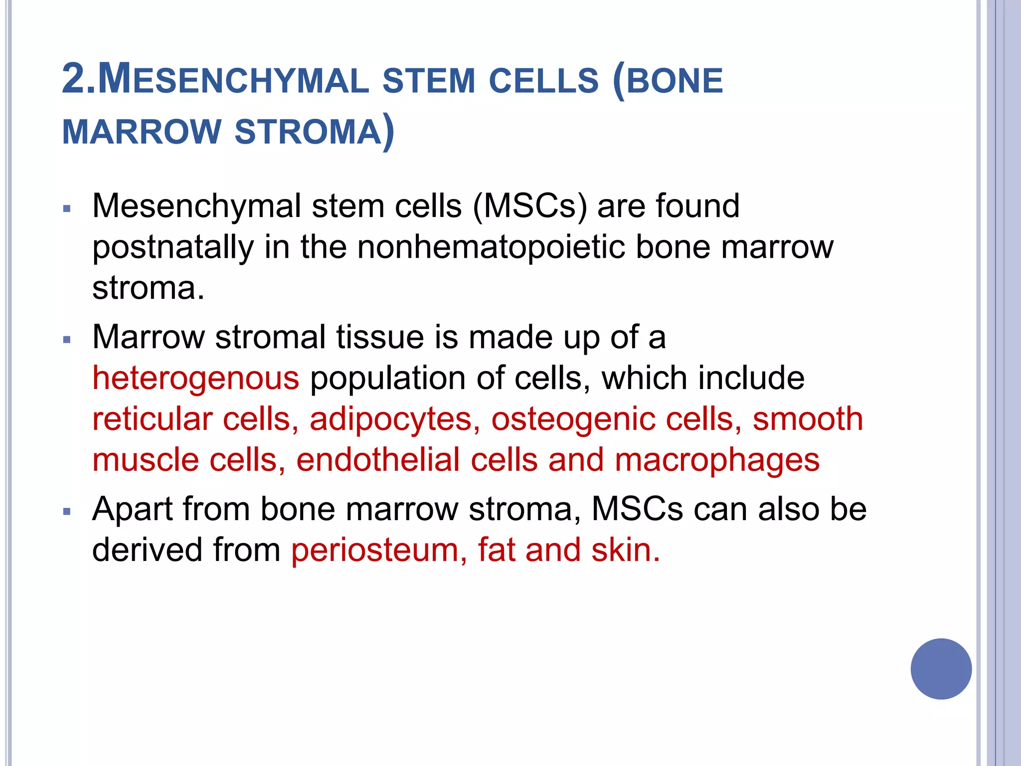 2.MESENCHYMAL STEM CELLS (BONE
MARROW STROMA)
 Mesenchymal stem cells (MSCs) are found
postnatally in the nonhematopoietic bone marrow
stroma.
 Marrow stromal tissue is made up of a
heterogenous population of cells, which include
reticular cells, adipocytes, osteogenic cells, smooth
muscle cells, endothelial cells and macrophages
 Apart from bone marrow stroma, MSCs can also be
derived from periosteum, fat and skin.
 