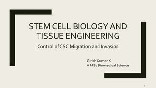 STEM CELL BIOLOGY AND
TISSUE ENGINEERING
Control of CSC Migration and Invasion
1
Girish Kumar K
V MSc Biomedical Science
 