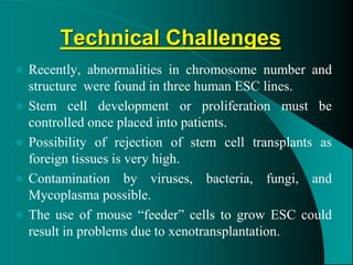 Technical Challenges
 Recently, abnormalities in chromosome number and
structure were found in three human ESC lines.
 Stem cell development or proliferation must be
controlled once placed into patients.
 Possibility of rejection of stem cell transplants as
foreign tissues is very high.
 Contamination by viruses, bacteria, fungi, and
Mycoplasma possible.
 The use of mouse “feeder” cells to grow ESC could
result in problems due to xenotransplantation.
 