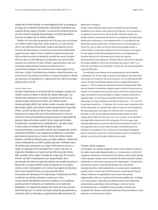 Duncan y ValenzuelaInvestigación y terapia con células madre (2017) 8: 111 Página 2 de 9
etapas de la enfermedad, la neurodegeneración se propaga a
lo largo de los lóbulos temporales, afectando finalmente a la
mayoría de las capas corticales. La secuencia temporal precisa
de esta mezcla compleja de patologías en la EA esporádica
humana es objeto de un intenso debate.
Debido a la naturaleza progresiva de la EA, para que una terapia
con células madre tenga éxito, debe dirigirse a un subconjunto
clínico bien definido de pacientes. Dada la participación de los
circuitos del hipocampo en las primeras fases de la enfermedad,
sugerimos esta región como un objetivo terapéutico potencial.
Ahora existe una enorme demanda mundial de nuevas terapias
efectivas que no solo detengan la progresión sino que también
reviertan los síntomas. En esta revisión, argumentamos que una
estrategia potencialmente efectiva es enfocarse en la
característica biológica más estrechamente relacionada con los
síntomas, a saber, la pérdida neurosináptica. Específicamente, nos
enfocamos en los avances recientes en terapias basadas en células
que apuntan a la repoblación o regeneración de redes neuronales
degeneradas en la EA.
Reparación endógena
Existen varios enfoques teóricos para el diseño de una estrategia
terapéutica con células madre para la EA temprana. Uno es apuntar a
la regulación positiva de los nichos de NSC residentes dentro del
cerebro adulto, estimulando de hecho la neurogénesis del hipocampo
adulto para compensar la neurodegeneración. La neurogénesis del
hipocampo adulto puede tener un papel clave en el aprendizaje y la
memoria y, por lo tanto, promover este proceso puede ayudar a
contrarrestar los síntomas amnésicos de la EA temprana. Una opción
ha sido regular al alza (farmacológicamente o con terapia génica)
aquellos factores de crecimiento que se sabe que regulan
positivamente la neurogénesis, incluido el factor neurotrófico derivado
del cerebro (BDNF), el factor de crecimiento de insulina-1 (IGF-1), el
factor de crecimiento nervioso (NGF), y factor de crecimiento endotelial
vascular (VEGF) [8].
Sin embargo, este enfoque se ve complicado por varios desafíos
cuantitativos. En primer lugar, la tasa de neurogénesis del hipocampo
disminuye con la edad en los seres humanos, con un estimado de 800
nuevas neuronas producidas diariamente en la edad adulta que se
reduce a ~ 100 en la vejez en condiciones libres de enfermedad. Dado
que las mejores estimaciones sugieren que el número de neuronas es
estable en el envejecimiento normal, este es el mínimo requerido para
lograr el equilibrio neuronal debido al rápido recambio neuronal. En
segundo lugar, en la EA hay una pérdida masiva de neuronas del
hipocampo. En el giro dentado la pérdida se estima en ~ 1 M, y en CA1
la pérdida se estima en ~ 5 millones. Por lo tanto, para compensar la EA
tendría que haber un aumento del orden de veces en la neurogénesis
del hipocampo para normalizar los números de la circunvolución
dentada. Es más, la neurogénesis del hipocampo adulto no tiene
ningún efecto sobre las neuronas CA1 y, por lo tanto, no se aborda el
principal déficit neuronal en la EA temprana. En tercer lugar, este
enfoque debe tener en cuenta el efecto de la patología de la EA en la
neurogénesis, para lo cual existen pruebas contradictorias de los
estudios en animales [9, 10]. En general, las estrategias endógenas
para la reparación neuronal en la EA temprana carecen de potencia y
pierden uno de los principales objetivos neuronales.
Clases de células madre
Un paso importante en el desarrollo de cualquier terapia con
células madre es elegir la fuente de células adecuada. Las
células más utilizadas en estudios recientes de AD son las
células madre embrionarias (ESC), las células madre
mesenquimales (MSC), las células madre neurales derivadas
del cerebro (NSC) y las células madre pluripotentes inducidas
(iPSC). Las ESC se derivan de la masa celular interna del
blastocisto en desarrollo (en el día embrionario 5 a 6) y se
clasifican como pluripotentes porque poseen la capacidad de
generar tipos de células a partir de las capas germinales
ectodérmica, mesodérmica y endodérmica. Las MSC están
involucradas en el desarrollo de tipos de tejido
mesenquimatoso y se pueden extraer de la sangre del cordón
umbilical (UCB-MSC) o de la gelatina de Wharton, y también
permanecen presentes en varios nichos de células madre
adultas, incluida la médula ósea y el tejido adiposo. Clasificado
como multipotente, Las MSC pueden generar múltiples tipos
de células que comparten un origen embrionario común, a
saber, la capa germinal mesodérmica. A pesar de esto, la
expresión fenotípica y el potencial de diferenciación de las
MSC pueden variar según el tejido de origen [6]. De manera
similar, las NSC multipotentes son responsables de la
generación de todos los tipos de células neuronales durante el
desarrollo. Aunque también están presentes en el cerebro
adulto, están restringidos a los nichos neurogénicos discretos
de la zona subventricular y la capa granular de la
circunvolución dentada en el hipocampo. Finalmente, las iPSC
se derivan de células somáticas maduras in vitro,
comúnmente fibroblastos dérmicos adultos, y se modifican
genéticamente mediante un tratamiento con moléculas
pequeñas o la regulación positiva del factor de transcripción
administrado por un vector viral para volverse pluripotentes y
similares a ESC en fenotipo y capacidad de diferenciación [7].
Terapia celular exógena
Las terapias con células exógenas tienen como objetivo restaurar
las redes neuronales degeneradas y, en consecuencia, la función
cognitiva, mediante la introducción de células madre. Estas células
madre pueden usarse como un sistema de administración celular,
utilizando un mecanismo paracrino de "espectador" a través de la
producción nativa o inducida de factores de crecimiento
neuroprotectores. Alternativamente, la restauración terapéutica
puede ocurrir a través de la diferenciación y participación de las
células madre en la repoblación de circuitos neuronales
degenerados. Este es un proceso finamente equilibrado, complejo
y de varios pasos. Cada clase de células madre tiene diferentes
propensiones para lograr estos enfoques, como se revisa
brevemente aquí. Los detalles de los estudios recientes de
trasplante de células madre del modelo de EA presentados en esta
revisión se resumen en la Tabla 1.
 