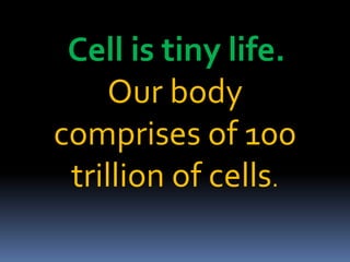 Cell is tiny life.
Our body
comprises of 100
trillion of cells.
 