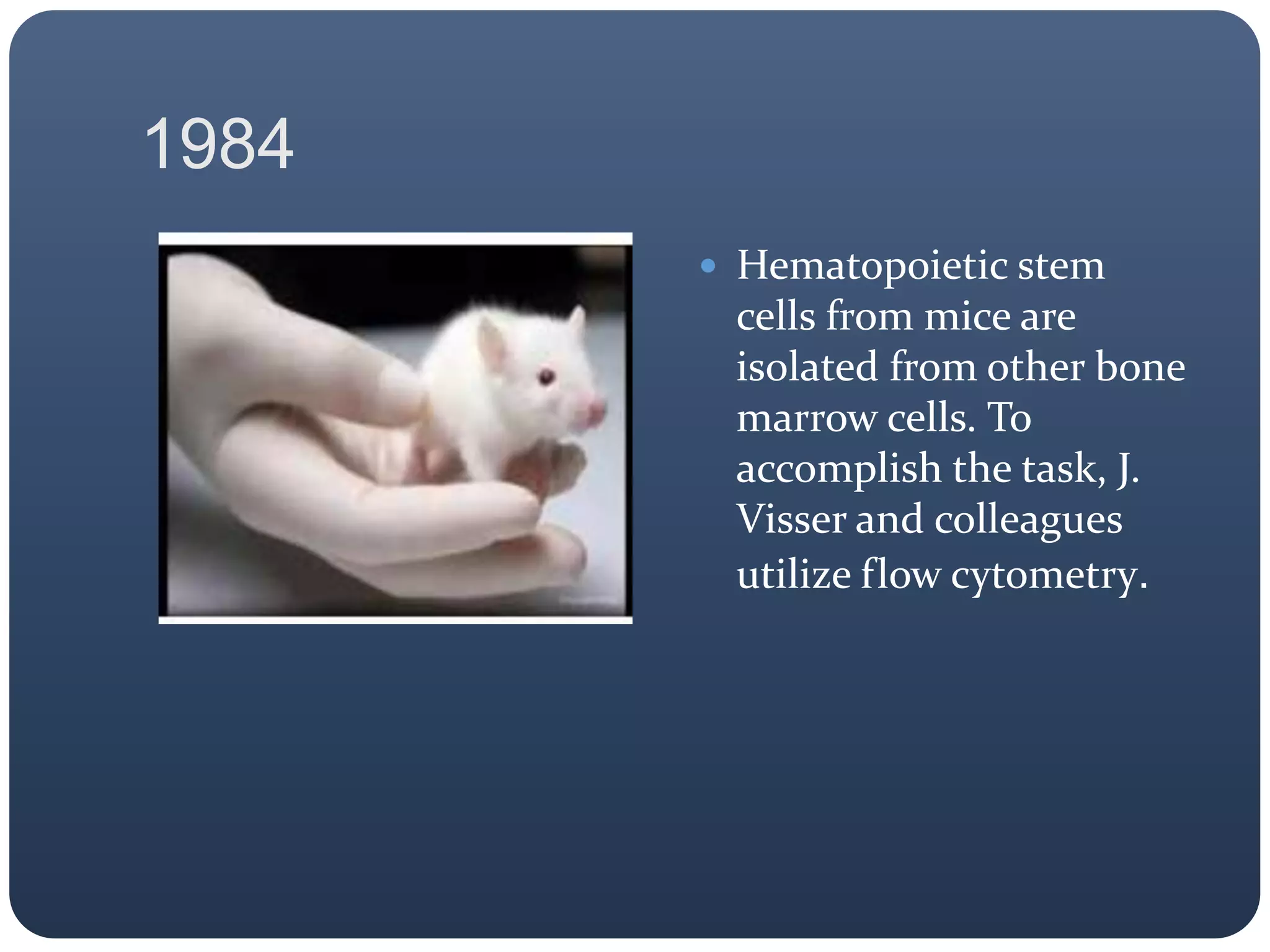 1984
 Hematopoietic stem
cells from mice are
isolated from other bone
marrow cells. To
accomplish the task, J.
Visser and colleagues
utilize flow cytometry.
 