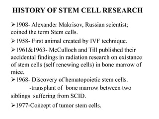 HISTORY OF STEM CELL RESEARCH
1908- Alexander Makrisov, Russian scientist;
coined the term Stem cells.
1958- First animal created by IVF technique.
1961&1963- McCulloch and Till published their
accidental findings in radiation research on existance
of stem cells (self renewing cells) in bone marrow of
mice.
1968- Discovery of hematopoietic stem cells.
-transplant of bone marrow between two
siblings suffering from SCID.
1977-Concept of tumor stem cells.
 