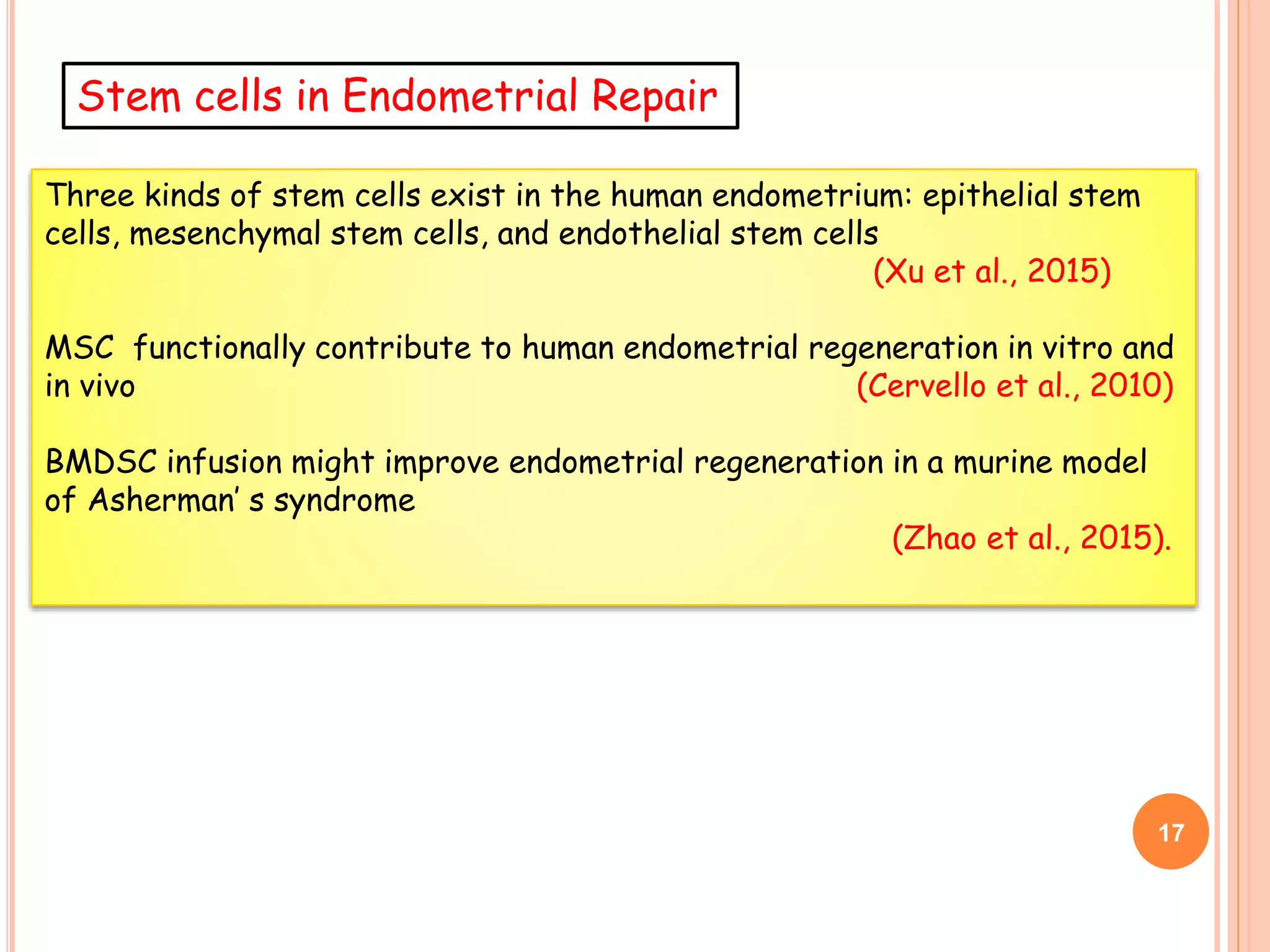 Stem cells in Endometrial Repair
Three kinds of stem cells exist in the human endometrium: epithelial stem
cells, mesenchymal stem cells, and endothelial stem cells
(Xu et al., 2015)
MSC functionally contribute to human endometrial regeneration in vitro and
in vivo (Cervello et al., 2010)
BMDSC infusion might improve endometrial regeneration in a murine model
of Asherman’ s syndrome
(Zhao et al., 2015).
17
 