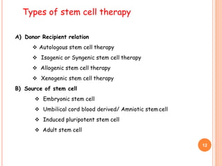 A) Donor Recipient relation
 Autologous stem cell therapy
 Isogenic or Syngenic stem cell therapy
 Allogenic stem cell therapy
 Xenogenic stem cell therapy
B) Source of stem cell
 Embryonic stem cell
 Umbilical cord blood derived/ Amniotic stem cell
 Induced pluripotent stem cell
 Adult stem cell
Types of stem cell therapy
12
 