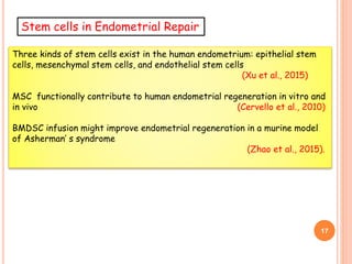 Stem cells in Endometrial Repair
Three kinds of stem cells exist in the human endometrium: epithelial stem
cells, mesenchymal stem cells, and endothelial stem cells
(Xu et al., 2015)
MSC functionally contribute to human endometrial regeneration in vitro and
in vivo (Cervello et al., 2010)
BMDSC infusion might improve endometrial regeneration in a murine model
of Asherman’ s syndrome
(Zhao et al., 2015).
17
 