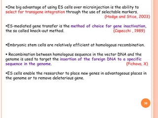 One big advantage of using ES cells over microinjection is the ability to
select for transgene integration through the use of selectable markers.
(Hodge and Stice, 2003)
ES-mediated gene transfer is the method of choice for gene inactivation,
the so called knock-out method. (Capecchi , 1989)
Embryonic stem cells are relatively efficient at homologous recombination.
 Recombination between homologous sequence in the vector DNA and the
genome is used to target the insertion of the foreign DNA to a specific
sequence in the genome. (Pichova, X)
ES cells enable the researcher to place new genes in advantageous places in
the genome or to remove deleterious gene.
36
 