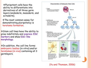 Pluripotent cells have the
ability to differentiate into
derivatives of all three germ
layers (endoderm, mesoderm, and
ectoderm).
The most common assay for
demonstrating pluripotency is
teratoma formation.
Stem cell lines have the ability to
grow indefinitely and express ESC
markers and show ESC-like
morphology.
In addition, the cell line forms
embryonic bodies (in vitro) and/or
teratomas (in vivo) containing all 3
germlayers.
(Yu and Thomson, 2006)
5
 