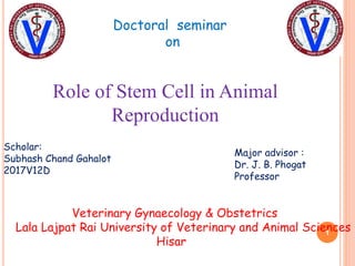 Role of Stem Cell in Animal
Reproduction
Veterinary Gynaecology & Obstetrics
Lala Lajpat Rai University of Veterinary and Animal Sciences
Hisar
Major advisor :
Dr. J. B. Phogat
Professor
Scholar:
Subhash Chand Gahalot
2017V12D
Doctoral seminar
on
1
 