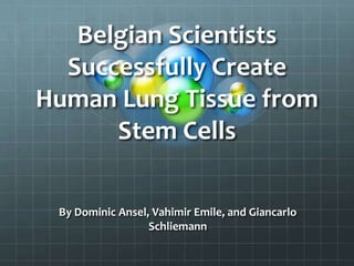 Belgian Scientists Successfully Create Human Lung Tissue from Stem Cells By Dominic Ansel, Vahimir Emile, and Giancarlo Schliemann 