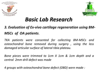 Basic Lab Research
TKA patients were consented for collecting BM-MSCs and
osteochondral bone removed during surgery , using the less
damaged articular surface of lateral tibia plateau.
Bone pieces were trimmed to 1cm X 1cm & 1cm depth and a
central 2mm drill defect was made
4 groups with osteochondral bone defect (OBD) were made :
3. Evaluation of Ex-vivo cartilage regeneration using BM-
MSCs of OA patients.
 