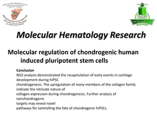 Molecular regulation of chondrogenic human
induced pluripotent stem cells
Molecular Hematology Research
Conclusion
NGS analysis demonstrated the recapitulation of early events in cartilage
development during hiPSC
chondrogenesis. The upregulation of many members of the collagen family
indicate the intricate nature of
collagen expression during chondrogenesis. Further analysis of
nonchondrogenic
targets may reveal novel
pathways for controlling the fate of chondrogenic hiPSCs.
 