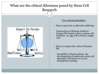 What are the ethical dilemmas posed by Stem Cell
                    Research

                                   Two moral principles:

                           Duty to prevent or alleviate suffering

                             Destruction of Human Embryo-
                             human life begins when a sperm cell
                             fertilizes an egg cell to form a single
                             cell.


                           Duty to respect the value of human
                            life

                             Possibility of future abuse- the
                             development of embryonic stem cell
                             therapies will lead to a cry for
                             therapeutic cloning.
 