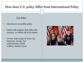 How does U.S. policy differ from International Policy


              U.S. Policy

 Also known as public policy


 Deals with policies that affect the
   country, or within all of 50 states.

 Covers wide range of areas e.g.
   business, energy, law
   enforcement, social
   welfare, money/taxes.
 