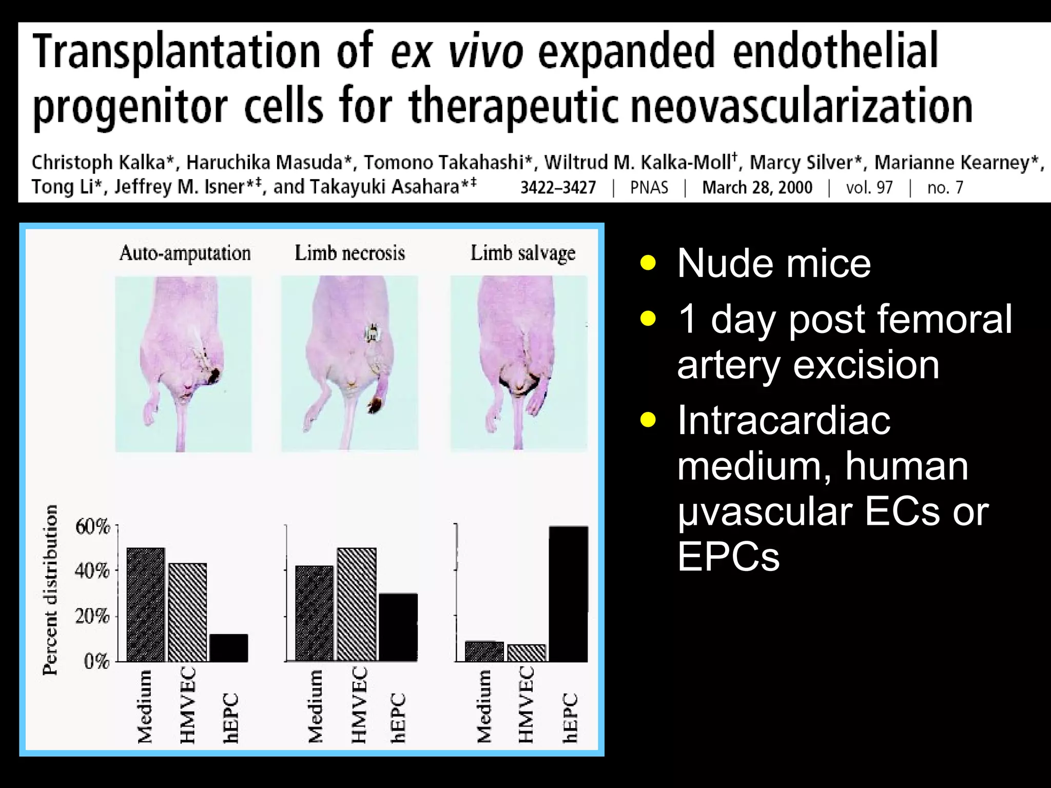 Nude mice 1 day post femoral artery excision Intracardiac  medium, human  µ vascular ECs or EPCs 