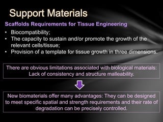 Support Materials 
Scaffolds Requirements for Tissue Engineering 
• Biocompatibility; 
• The capacity to sustain and/or promote the growth of the 
relevant cells/tissue; 
• Provision of a template for tissue growth in three dimensions. 
There are obvious limitations associated with biological materials: 
Lack of consistency and structure malleability. 
New biomaterials offer many advantages: They can be designed 
to meet specific spatial and strength requirements and their rate of 
degradation can be precisely controlled. 
 