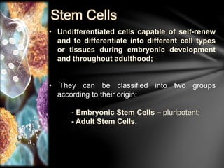Stem Cells 
• Undifferentiated cells capable of self-renew 
and to differentiate into different cell types 
or tissues during embryonic development 
and throughout adulthood; 
• They can be classified into two groups 
according to their origin: 
- Embryonic Stem Cells – pluripotent; 
- Adult Stem Cells. 
 