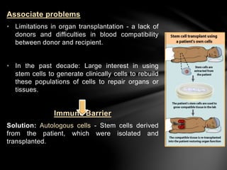 Associate problems 
• Limitations in organ transplantation - a lack of 
donors and difficulties in blood compatibility 
between donor and recipient. 
• In the past decade: Large interest in using 
stem cells to generate clinically cells to rebuild 
these populations of cells to repair organs or 
tissues. 
Immune Barrier 
Solution: Autologous cells - Stem cells derived 
from the patient, which were isolated and 
transplanted. 
 