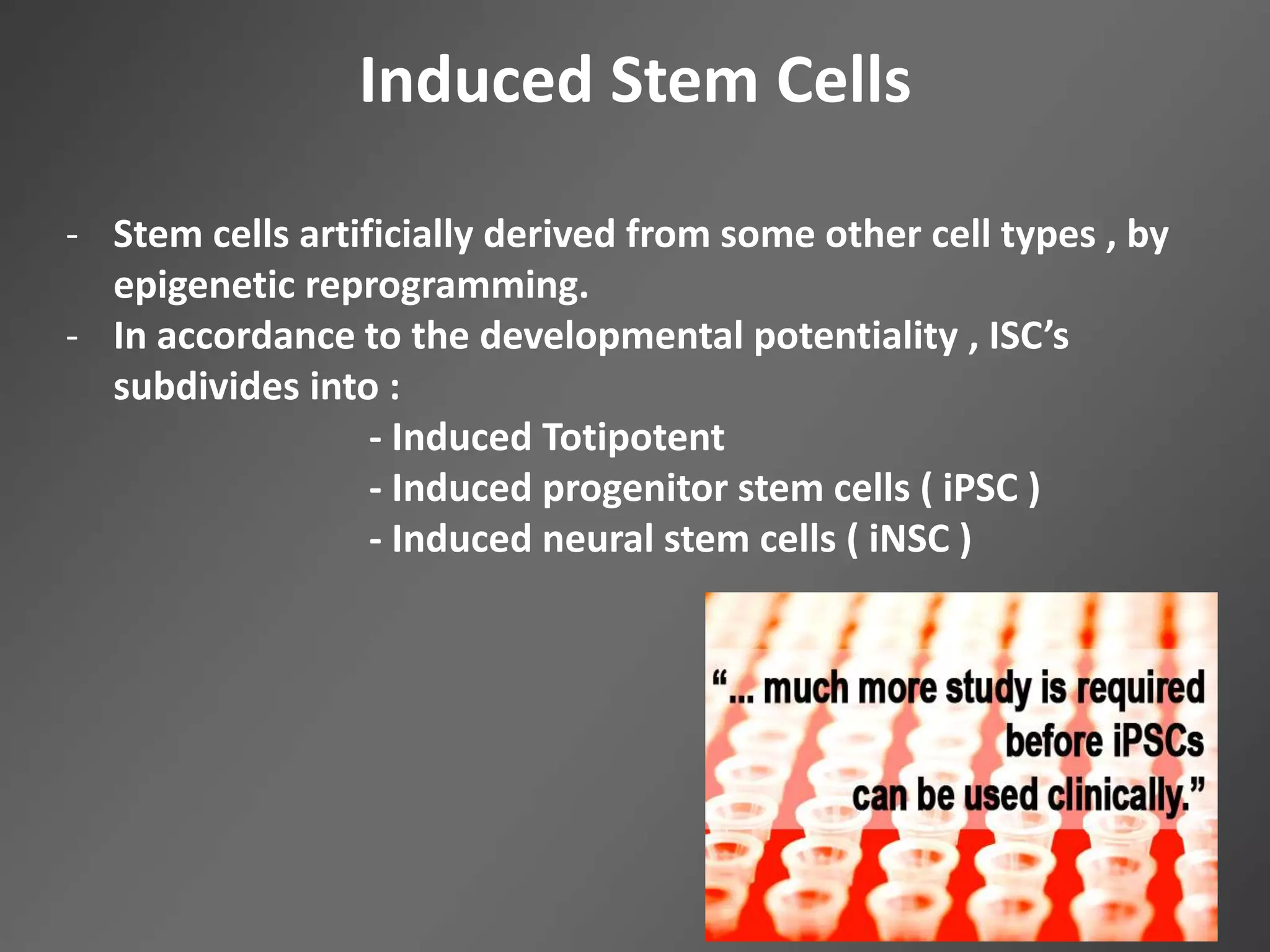 Induced Stem Cells
- Stem cells artificially derived from some other cell types , by
epigenetic reprogramming.
- In accordance to the developmental potentiality , ISC’s
subdivides into :
- Induced Totipotent
- Induced progenitor stem cells ( iPSC )
- Induced neural stem cells ( iNSC )
 