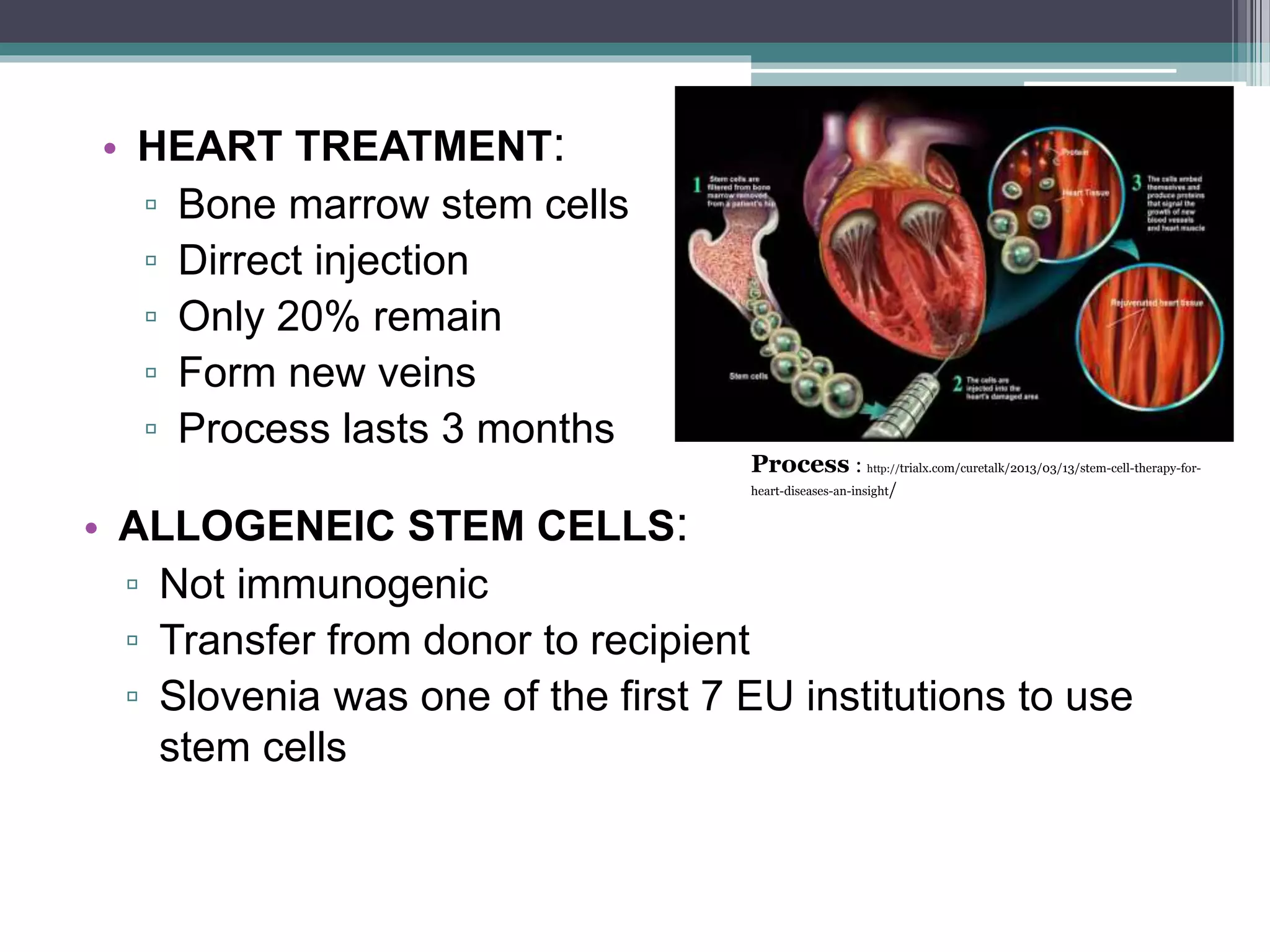 • HEART TREATMENT:
▫ Bone marrow stem cells
▫ Dirrect injection
▫ Only 20% remain
▫ Form new veins
▫ Process lasts 3 months
Process : http://trialx.com/curetalk/2013/03/13/stem-cell-therapy-for-
heart-diseases-an-insight/
• ALLOGENEIC STEM CELLS:
▫ Not immunogenic
▫ Transfer from donor to recipient
▫ Slovenia was one of the first 7 EU institutions to use
stem cells
 
