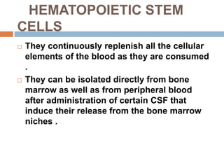 HEMATOPOIETIC STEM
CELLS
 They continuously replenish all the cellular
elements of the blood as they are consumed
.
 They can be isolated directly from bone
marrow as well as from peripheral blood
after administration of certain CSF that
induce their release from the bone marrow
niches .
 