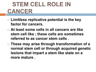 STEM CELL ROLE IN
CANCER
 Limitless replicative potential is the key
factor for cancers.
 At least some cells in all cancers are like
stem cell like ; these cells are sometimes
referred to as cancer stem cells .
 These may arise through transformation of a
normal stem cell or through acquired genetic
lesions that impart a stem like state on a
more mature .
 