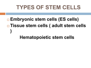 TYPES OF STEM CELLS
 Embryonic stem cells (ES cells)
 Tissue stem cells ( adult stem cells
)
Hematopoietic stem cells
 