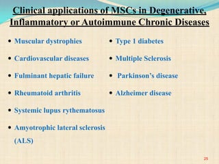 Clinical applications of MSCs in Degenerative,
Inflammatory or Autoimmune Chronic Diseases
 Muscular dystrophies
 Cardiovascular diseases
 Fulminant hepatic failure
 Rheumatoid arthritis
 Systemic lupus rythematosus
 Amyotrophic lateral sclerosis
(ALS)
 Type 1 diabetes
 Multiple Sclerosis
 Parkinson’s disease
 Alzheimer disease
25
 