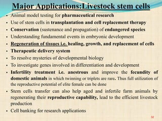 Major Applications:Livestock stem cells
 Animal model testing for pharmaceutical research
 Use of stem cells in transplantation and cell replacement therapy
 Conservation (sustenance and propagation) of endangered species
 Understanding fundamental events in embryonic development
 Regeneration of tissues i.e. healing, growth, and replacement of cells
 Therapeutic delivery system
 To resolve mysteries of developmental biology
 To investigate genes involved in differentiation and development
 Infertility treatment i.e. anestrous and improve the fecundity of
domestic animals in which twinning or triplets are rare. Thus full utilization of
the reproductive potential of elite female can be done
 Stem cells transfer can also help aged and infertile farm animals by
regenerating their reproductive capability, lead to the efficient livestock
production
 Cell banking for research applications
32
 