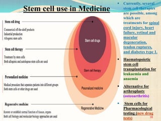 35
 Currently, several
stem cell therapies
are possible, among
which are
treatments for spinal
cord injury, heart
failure, retinal and
macular
degeneration,
tendon ruptures,
and diabetes type 1.
 Haematopoietic
stem cell
transplantation for
leukaemia and
anaemia
 Alternative for
arthroplasty
(osteoarthritis)
 Stem cells for
Pharmacological
testing (new drug
tests)
Stem cell use in Medicine
 