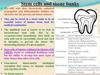  iPS cells with their theoretically unlimited
propagation and differentiation abilities are
attractive for the present and future sciences.
 They can be stored in a tissue bank to be an
essential source of human tissue used for
medical examination.
 The umbilical cord is known to be rich in
mesenchymal stem cells. Due to its
cryopreservation immediately after birth, its
stem cells can be successfully stored and used
in therapies to prevent the future life-
threatening diseases of a given patient.
 Stem cells of human exfoliated deciduous teeth
(SHED) found in exfoliated deciduous teeth
has the ability to develop into more types of
body tissues than other stem cells.
 Guaranteed donor-match autologous
transplant that causes no immune reaction
and rejection of cells.
 No Etical concern
37
Stem cells and tissue banks
 