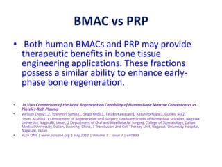 BMAC vs PRP
• Both human BMACs and PRP may provide
therapeutic benefits in bone tissue
engineering applications. These fractions
possess a similar ability to enhance early-
phase bone regeneration.
• In Vivo Comparison of the Bone Regeneration Capability of Human Bone Marrow Concentrates vs.
Platelet-Rich Plasma
• Weijian Zhong1,2, Yoshinori Sumita1, Seigo Ohba1, Takako Kawasaki1, Kazuhiro Nagai3, Guowu Ma2,
Izumi Asahina11 Department of Regenerative Oral Surgery, Graduate School of Biomedical Sciences, Nagasaki
University, Nagasaki, Japan, 2 Department of Oral and Maxillofacial Surgery, College of Stomatology, Dalian
Medical University, Dalian, Liaoning, China, 3 Transfusion and Cell Therapy Unit, Nagasaki University Hospital,
Nagasaki, Japan
• PLoS ONE | www.plosone.org 1 July 2012 | Volume 7 | Issue 7 | e40833
 