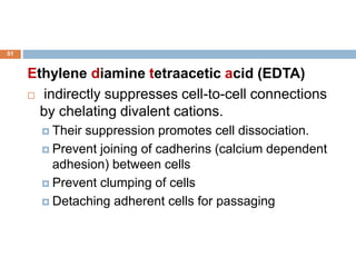 51
Ethylene diamine tetraacetic acid (EDTA)
 indirectly suppresses cell-to-cell connections
by chelating divalent cations.
 Their suppression promotes cell dissociation.
 Prevent joining of cadherins (calcium dependent
adhesion) between cells
 Prevent clumping of cells
 Detaching adherent cells for passaging
 