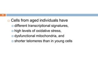 66
 Cells from aged individuals have
 different transcriptional signatures,
 high levels of oxidative stress,
 dysfunctional mitochondria, and
 shorter telomeres than in young cells
 