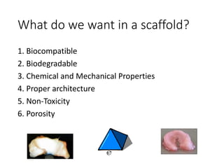 What do we want in a scaffold?
1. Biocompatible
2. Biodegradable
3. Chemical and Mechanical Properties
4. Proper architecture
5. Non-Toxicity
6. Porosity
 