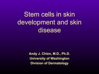 Stem cells in skin 
development and skin 
disease 
Andy J. Chien, M.D., Ph.D. 
University of Washington 
Division of Dermatology 
 