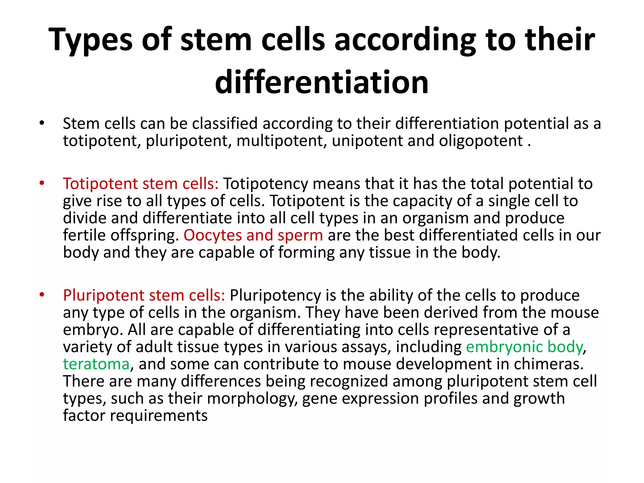 Types of stem cells according to their
differentiation
• Stem cells can be classified according to their differentiation potential as a
totipotent, pluripotent, multipotent, unipotent and oligopotent .
• Totipotent stem cells: Totipotency means that it has the total potential to
give rise to all types of cells. Totipotent is the capacity of a single cell to
divide and differentiate into all cell types in an organism and produce
fertile offspring. Oocytes and sperm are the best differentiated cells in our
body and they are capable of forming any tissue in the body.
• Pluripotent stem cells: Pluripotency is the ability of the cells to produce
any type of cells in the organism. They have been derived from the mouse
embryo. All are capable of differentiating into cells representative of a
variety of adult tissue types in various assays, including embryonic body,
teratoma, and some can contribute to mouse development in chimeras.
There are many differences being recognized among pluripotent stem cell
types, such as their morphology, gene expression profiles and growth
factor requirements
 