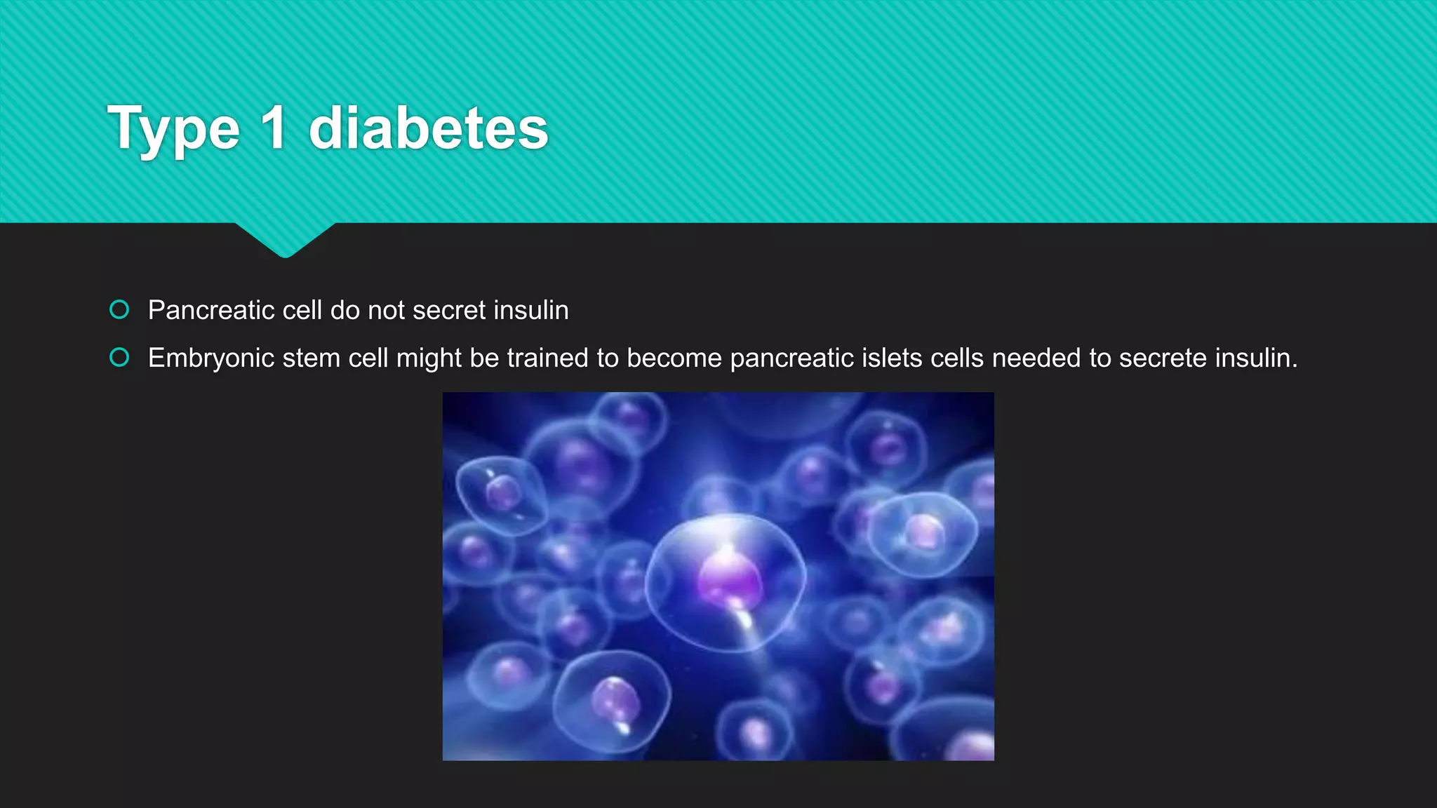 Type 1 diabetes
 Pancreatic cell do not secret insulin
 Embryonic stem cell might be trained to become pancreatic islets cells needed to secrete insulin.
 