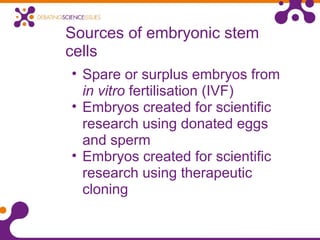 Sources of embryonic stem
cells
• Spare or surplus embryos from
in vitro fertilisation (IVF)
• Embryos created for scientific
research using donated eggs
and sperm
• Embryos created for scientific
research using therapeutic
cloning
 