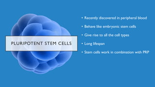PLURIPOTENT STEM CELLS
• Recently discovered in peripheral blood
• Behave like embryonic stem cells
• Give rise to all the cell types
• Long lifespan
• Stem cells work in combination with PRP
 